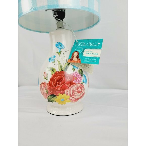 The Pioneer Woman Sweet Rose Table Lamp Blue Gingham Shade plaid Flowers NEW - Picture 4 of 7
